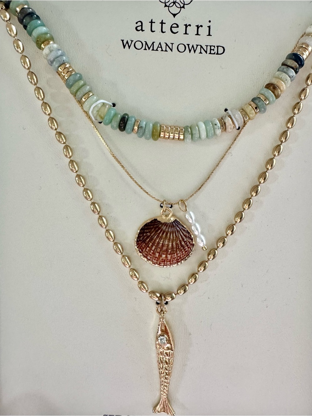 Atterri Multi-Layered Semi Precious Stone and Genuine shell set of 3 Necklaces